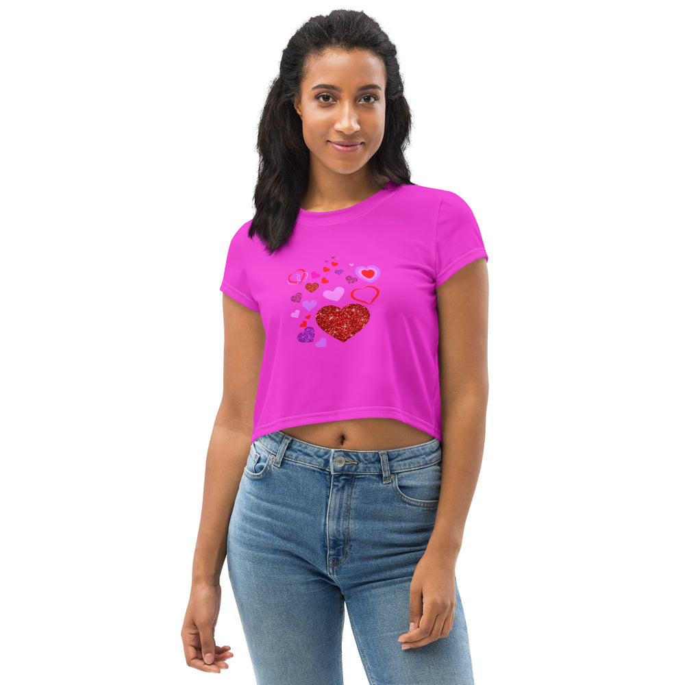 Trendy Heart Print Crop Top in Hot Pink Magenta - Women's Fashion Statement
