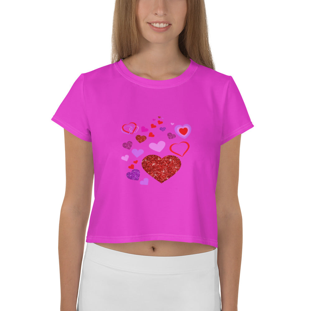 Trendy Heart Print Crop Top in Hot Pink Magenta - Women's Fashion Statement