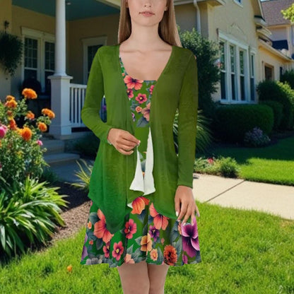 Tropical Floral Hibiscus Skater Dress | Green Background | Summer Dress for Women - Printspirationz