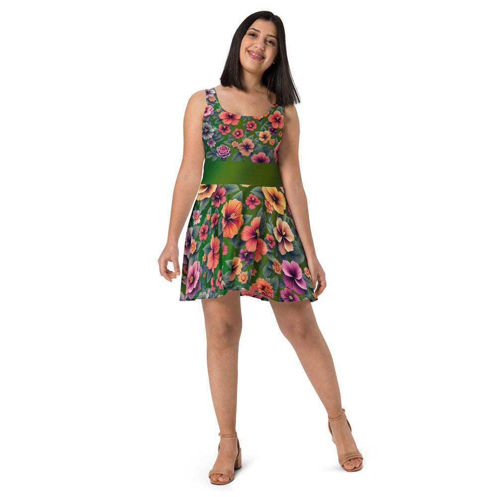 Tropical Floral Hibiscus Skater Dress | Green Background | Summer Dress for Women