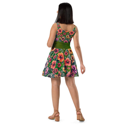 Tropical Floral Hibiscus Skater Dress | Green Background | Summer Dress for Women - Printspirationz