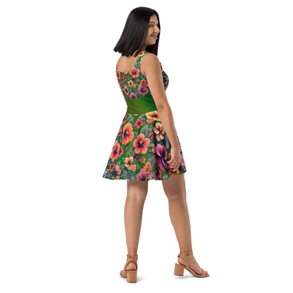 Tropical Floral Hibiscus Skater Dress | Green Background | Summer Dress for Women - Printspirationz
