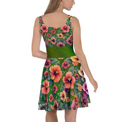 Tropical Floral Hibiscus Skater Dress | Green Background | Summer Dress for Women - Printspirationz