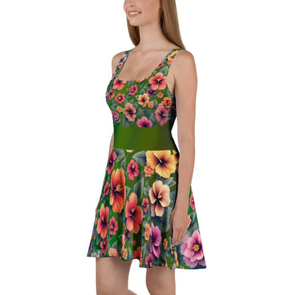 Tropical Floral Hibiscus Skater Dress | Green Background | Summer Dress for Women - Printspirationz
