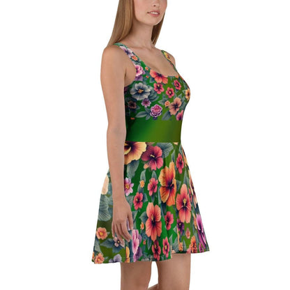 Tropical Floral Hibiscus Skater Dress | Green Background | Summer Dress for Women - Printspirationz