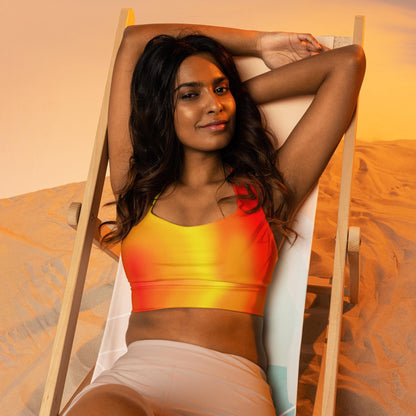 Warm Fire Colors Gradient Recycled Longline Sports Bra, Workout Fitness Yoga Pilates Activewear, Ombre Athletic Bralette, Stretchy Gym Top - Printspirationz