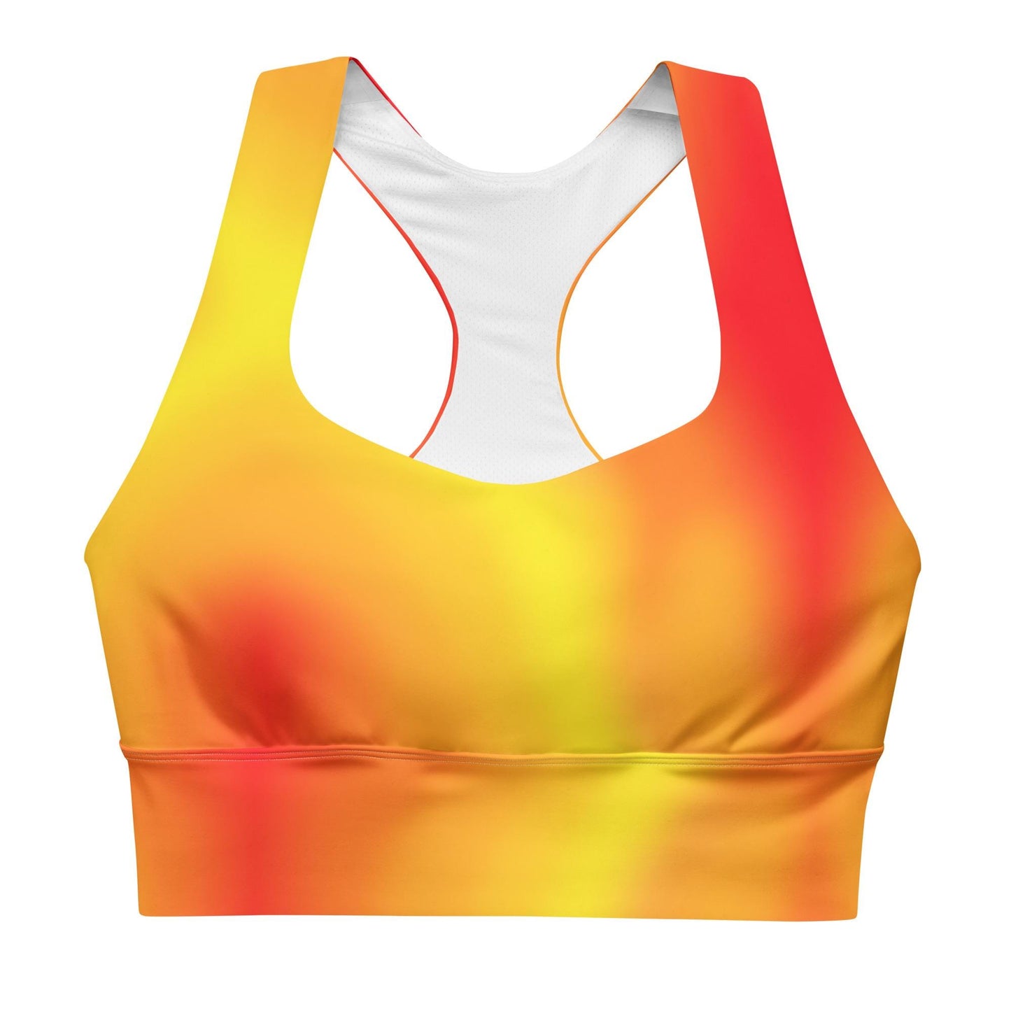 Warm Fire Colors Gradient Recycled Longline Sports Bra, Workout Fitness Yoga Pilates Activewear, Ombre Athletic Bralette, Stretchy Gym Top - Printspirationz