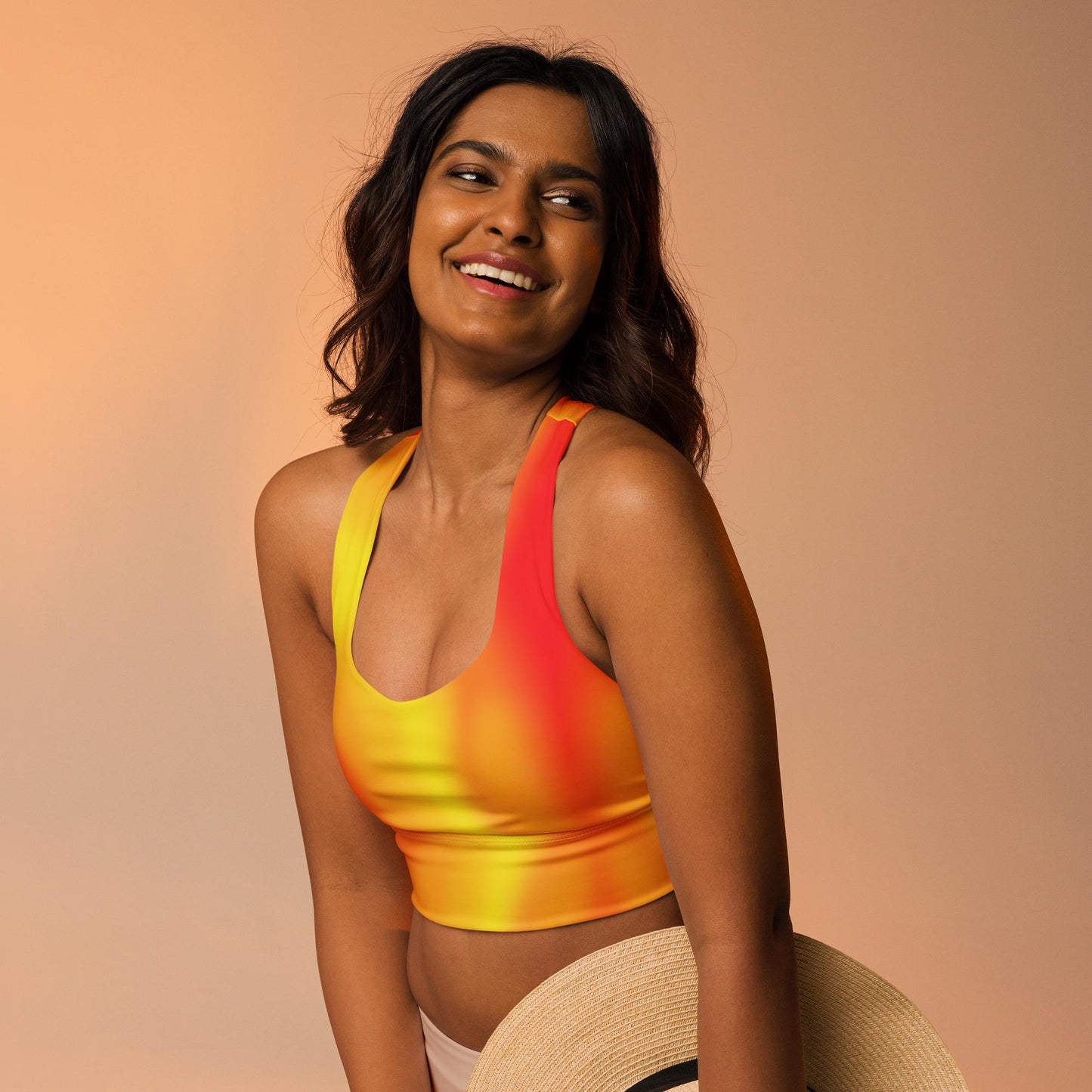 Warm Fire Colors Gradient Recycled Longline Sports Bra, Workout Fitness Yoga Pilates Activewear, Ombre Athletic Bralette, Stretchy Gym Top - Printspirationz