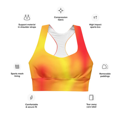 Warm Fire Colors Gradient Recycled Longline Sports Bra, Workout Fitness Yoga Pilates Activewear, Ombre Athletic Bralette, Stretchy Gym Top - Printspirationz