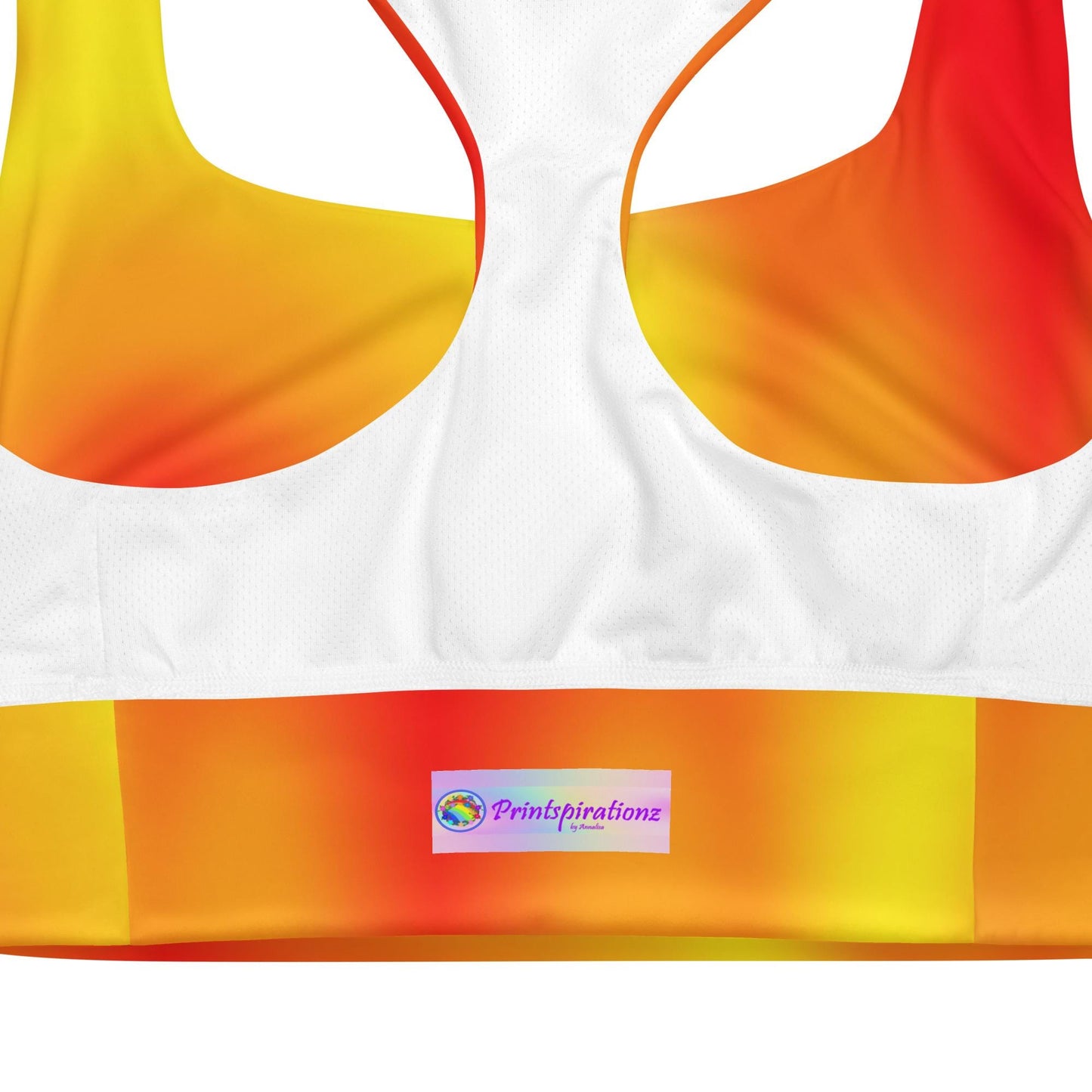 Warm Fire Colors Gradient Recycled Longline Sports Bra, Workout Fitness Yoga Pilates Activewear, Ombre Athletic Bralette, Stretchy Gym Top - Printspirationz