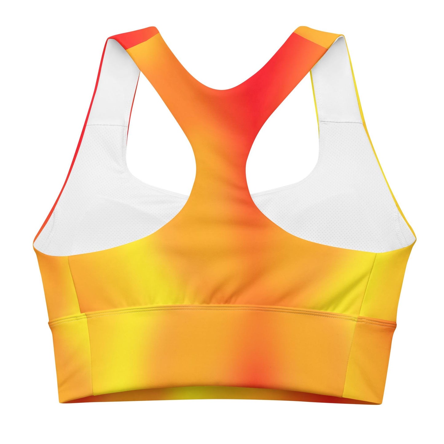 Warm Fire Colors Gradient Recycled Longline Sports Bra, Workout Fitness Yoga Pilates Activewear, Ombre Athletic Bralette, Stretchy Gym Top - Printspirationz