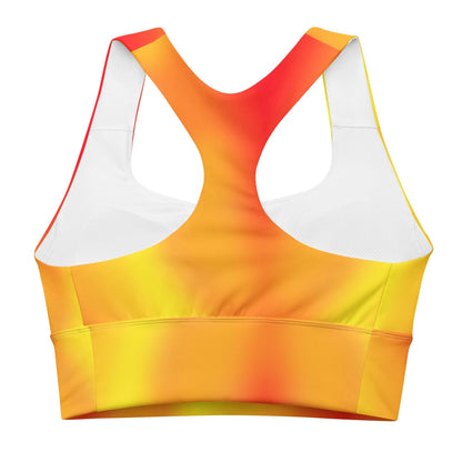 Warm Fire Colors Gradient Recycled Longline Sports Bra, Workout Fitness Yoga Pilates Activewear, Ombre Athletic Bralette, Stretchy Gym Top - Printspirationz
