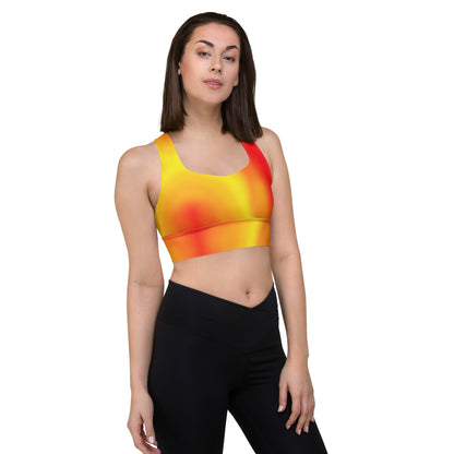 Warm Fire Colors Gradient Recycled Longline Sports Bra, Workout Fitness Yoga Pilates Activewear, Ombre Athletic Bralette, Stretchy Gym Top - Printspirationz