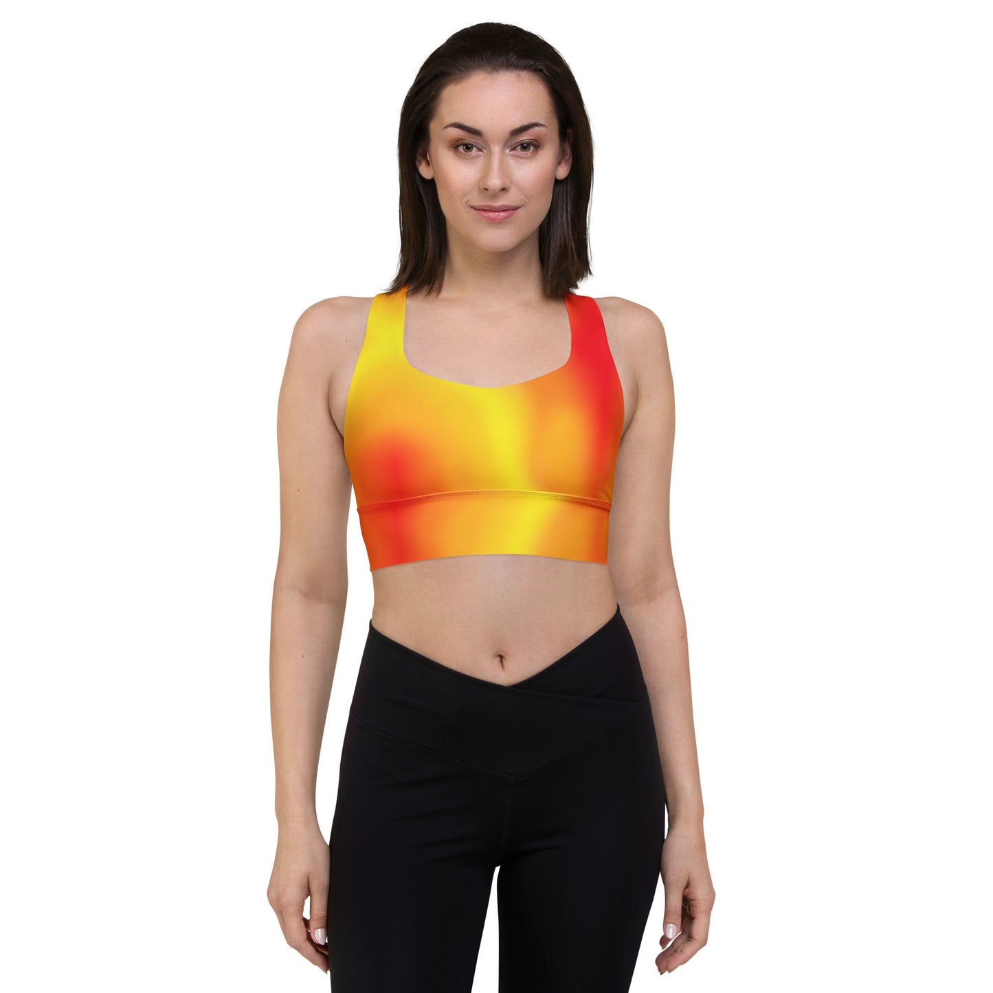 Warm Fire Colors Gradient Recycled Longline Sports Bra, Workout Fitness Yoga Pilates Activewear, Ombre Athletic Bralette, Stretchy Gym Top - Printspirationz