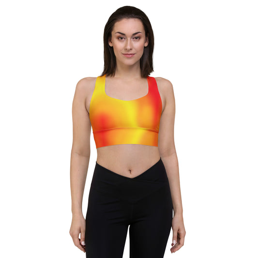 Warm Fire Colors Gradient Recycled Longline Sports Bra, Workout Fitness Yoga Pilates Activewear, Ombre Athletic Bralette, Stretchy Gym Top - Printspirationz