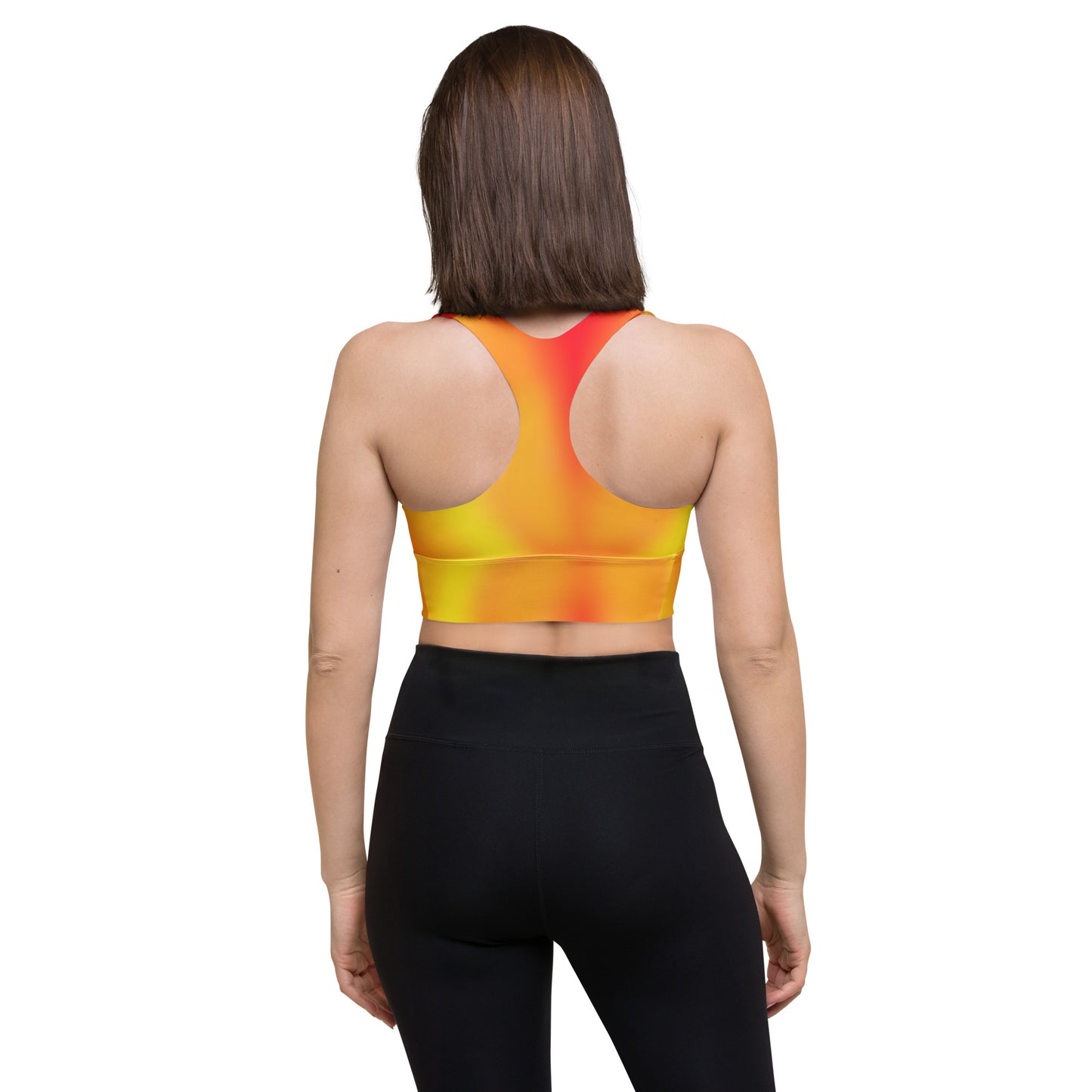 Warm Fire Colors Gradient Recycled Longline Sports Bra, Workout Fitness Yoga Pilates Activewear, Ombre Athletic Bralette, Stretchy Gym Top - Printspirationz