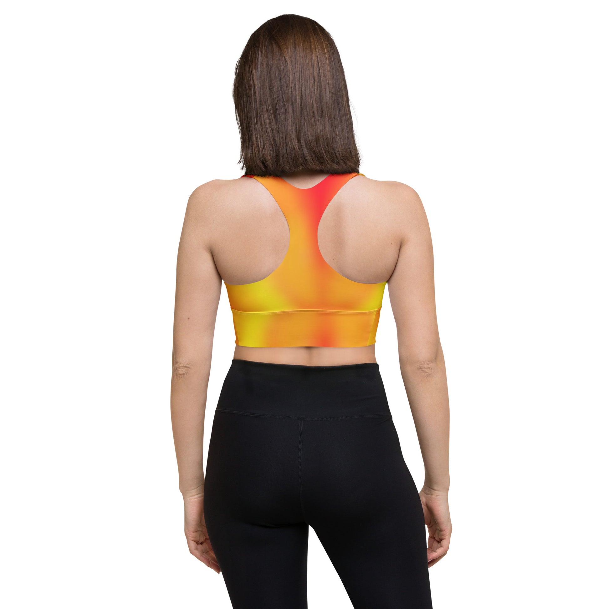 Warm Fire Colors Gradient Recycled Longline Sports Bra, Workout Fitness Yoga Pilates Activewear, Ombre Athletic Bralette, Stretchy Gym Top - Printspirationz
