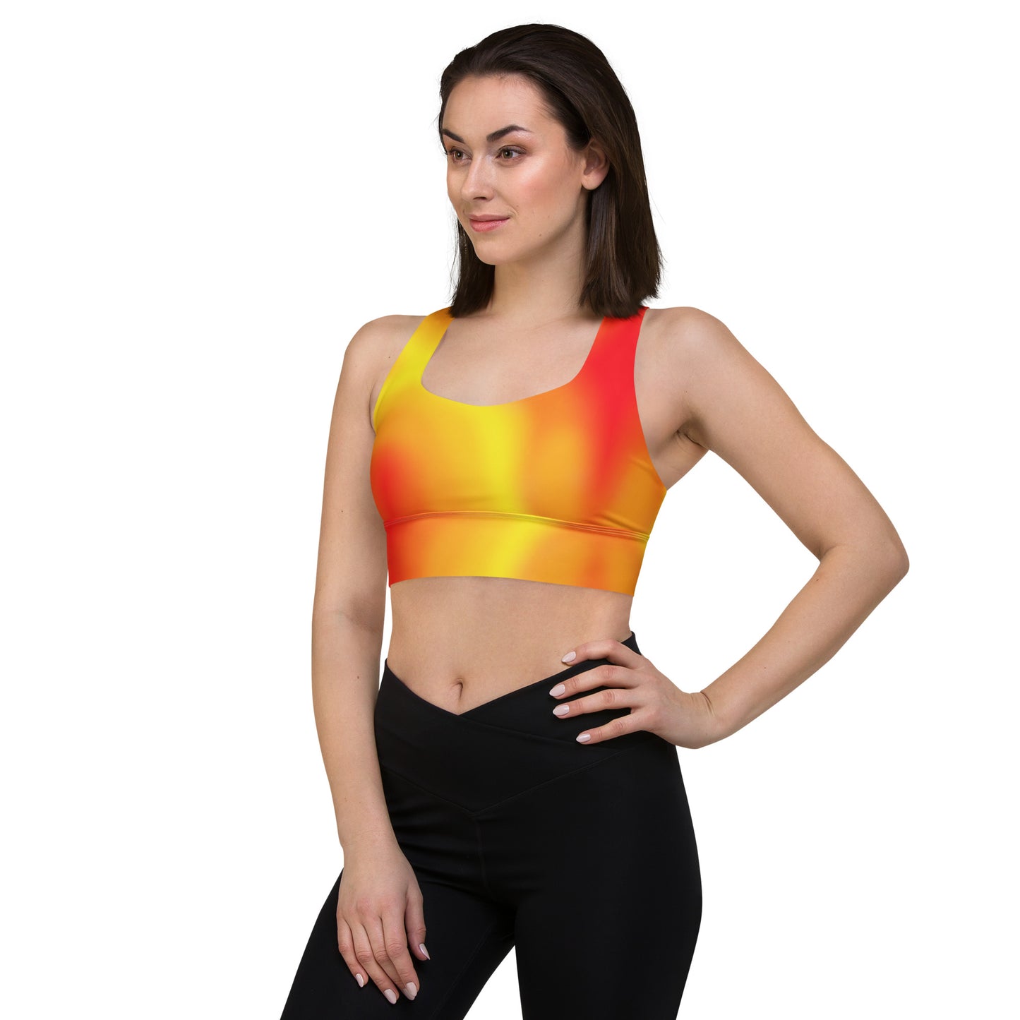 Warm Fire Colors Gradient Recycled Longline Sports Bra, Workout Fitness Yoga Pilates Activewear, Ombre Athletic Bralette, Stretchy Gym Top - Printspirationz