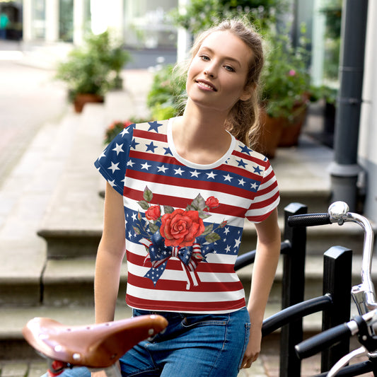 Women's Patriotic Crop Tee with USA Flag, Flowers, and Bows - Printspirationz