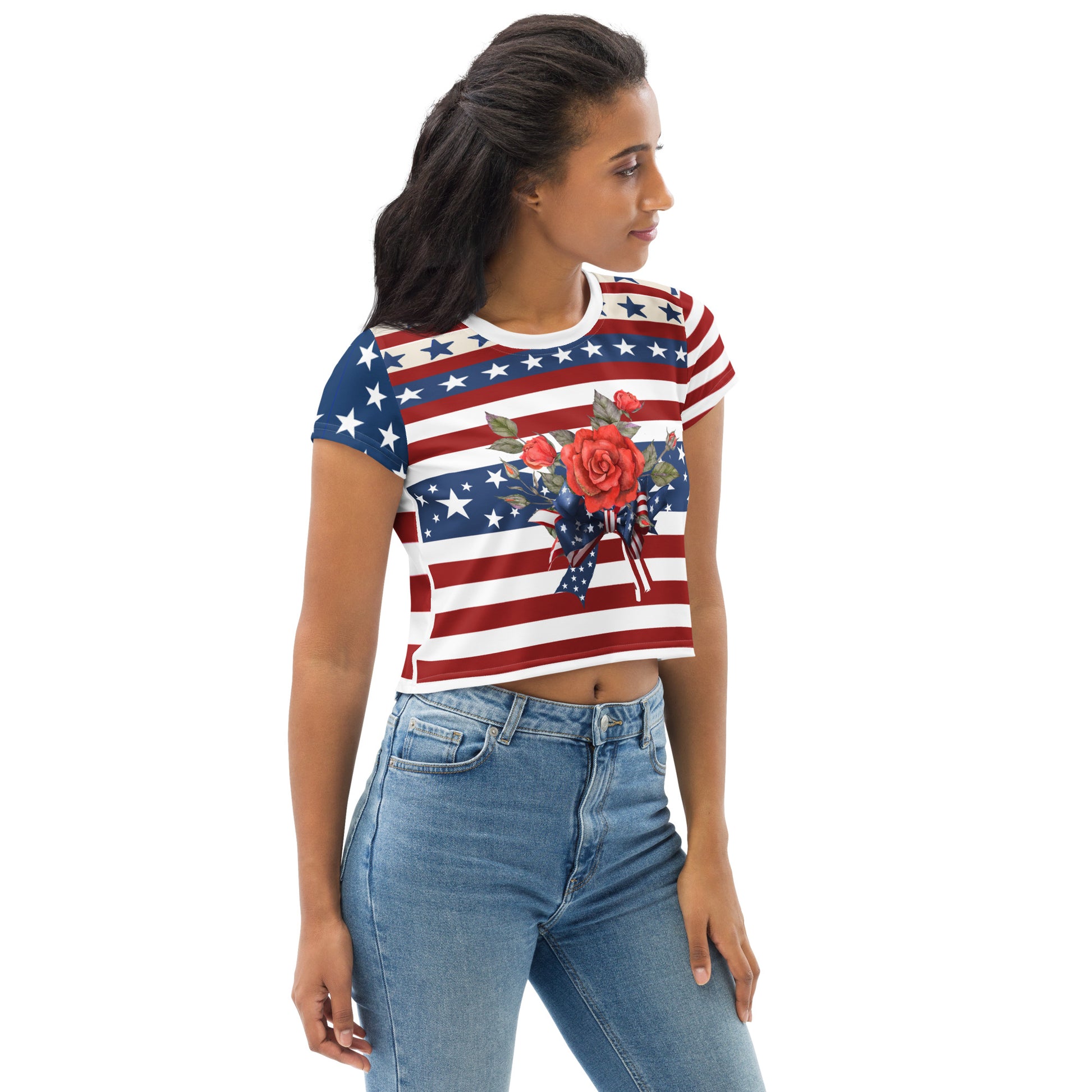 Women's Patriotic Crop Tee with USA Flag, Flowers, and Bows - Printspirationz