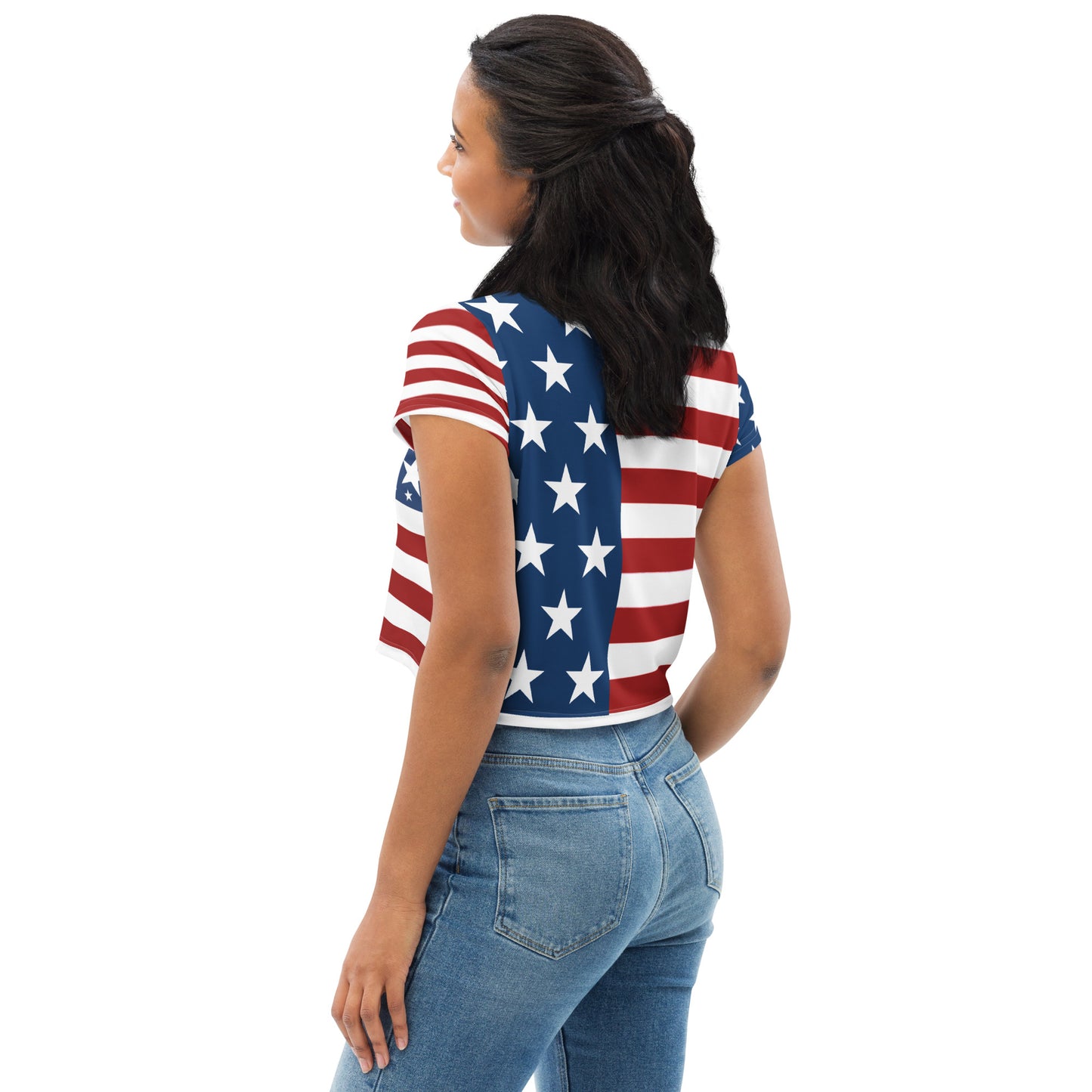 Women's Patriotic Crop Tee with USA Flag, Flowers, and Bows - Printspirationz