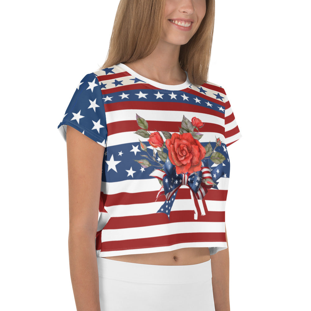 Women's Patriotic Crop Tee with USA Flag, Flowers, and Bows - Printspirationz
