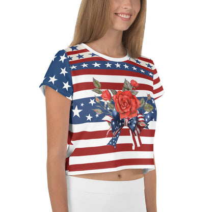 Women's Patriotic Crop Tee with USA Flag, Flowers, and Bows - Printspirationz