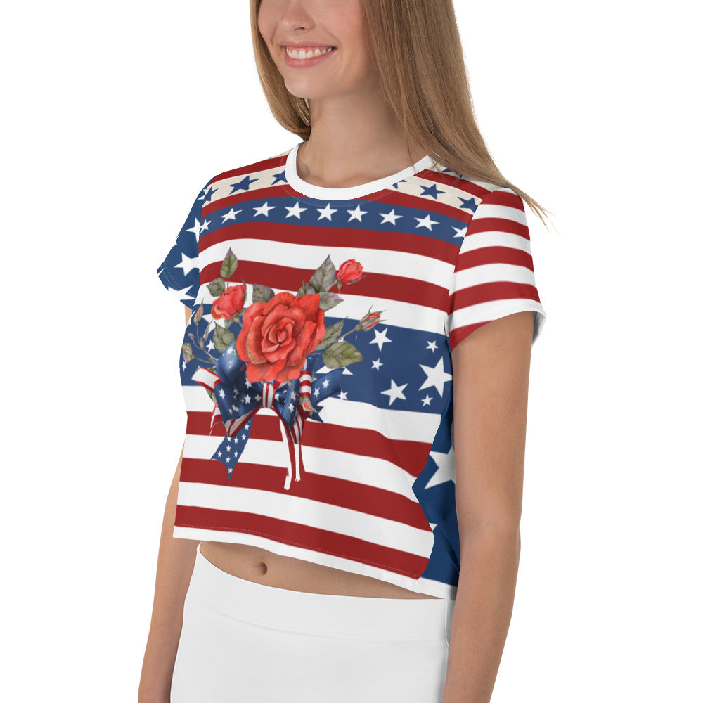 Women's Patriotic Crop Tee with USA Flag, Flowers, and Bows - Printspirationz