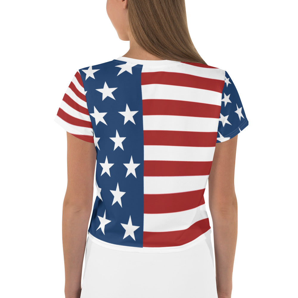 Women's Patriotic Crop Tee with USA Flag, Flowers, and Bows - Printspirationz
