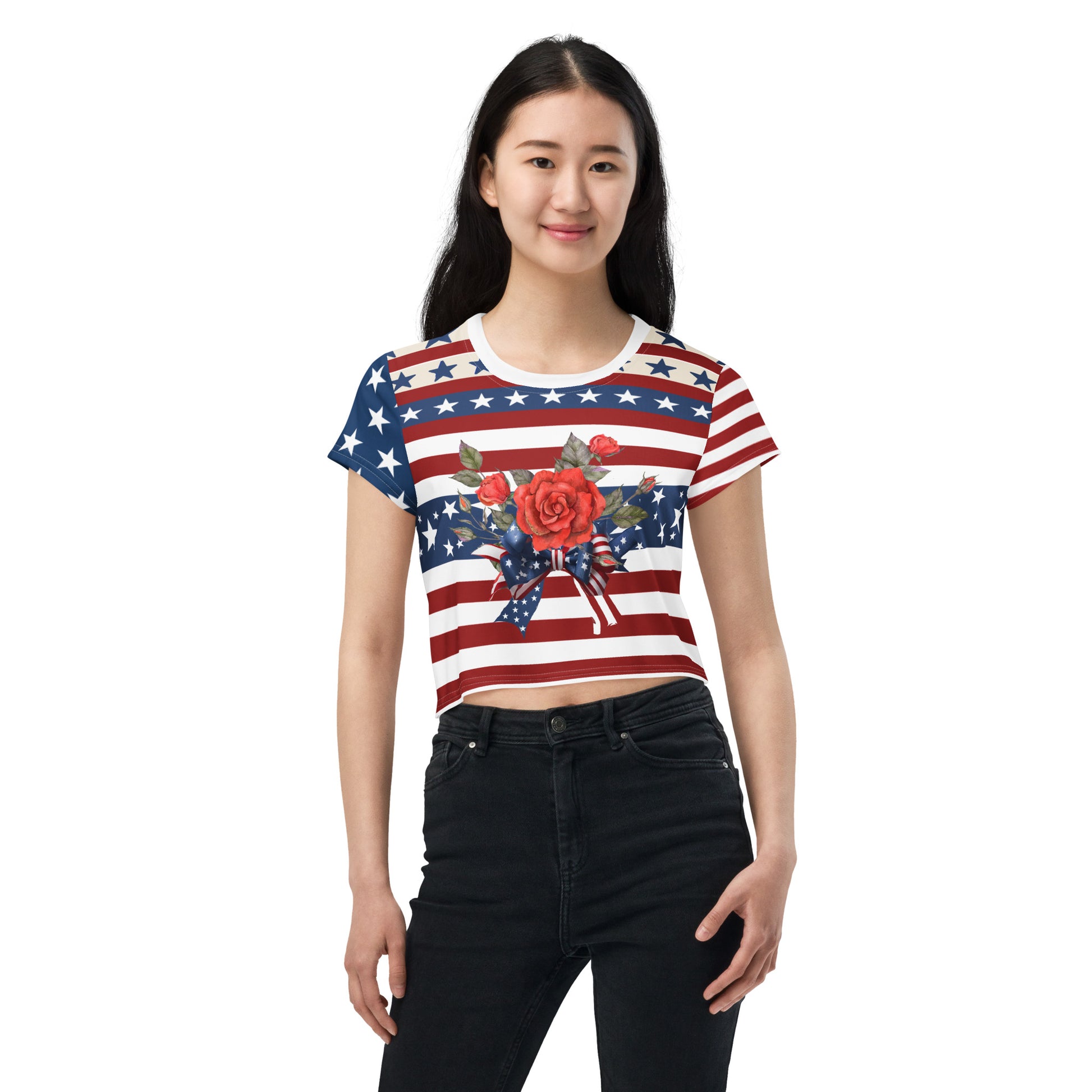 Women's Patriotic Crop Tee with USA Flag, Flowers, and Bows - Printspirationz