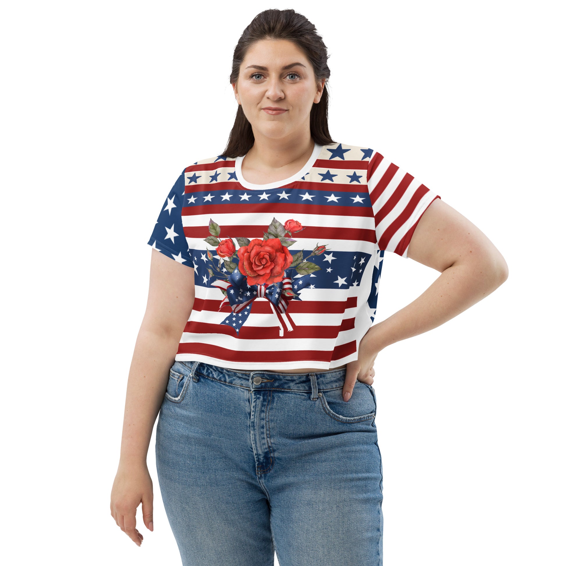 Women's Patriotic Crop Tee with USA Flag, Flowers, and Bows - Printspirationz