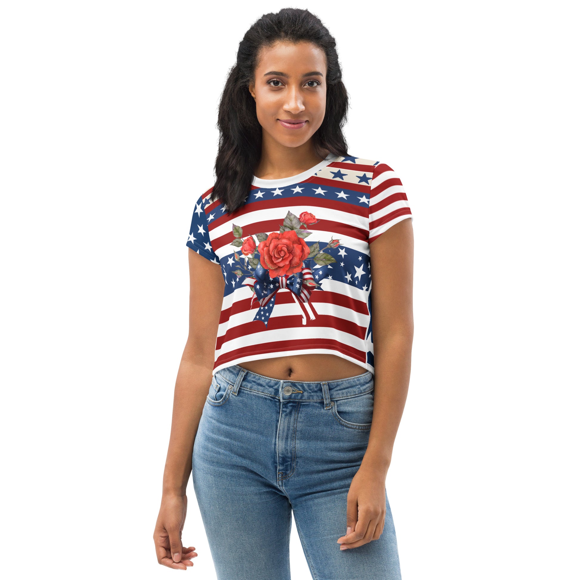 Women's Patriotic Crop Tee with USA Flag, Flowers, and Bows - Printspirationz