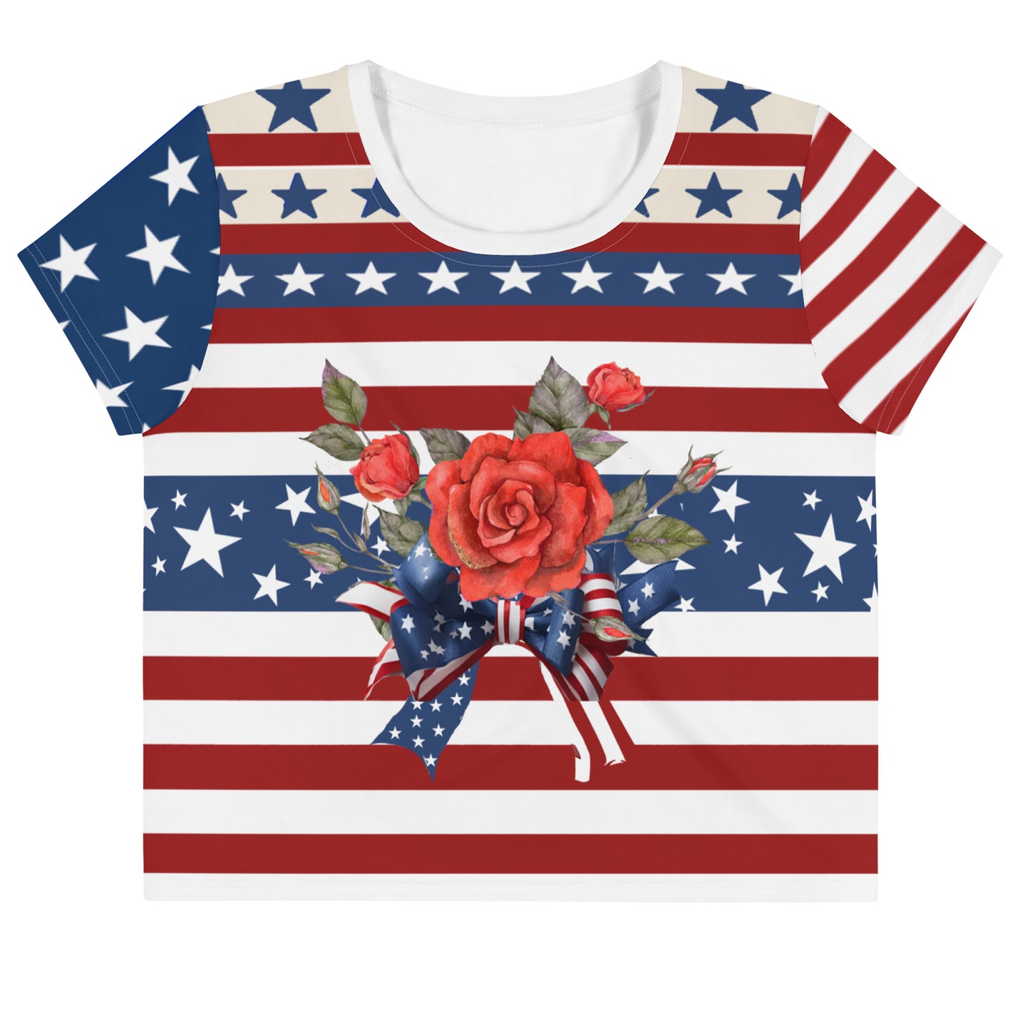 Women's Patriotic Crop Tee with USA Flag, Flowers, and Bows - Printspirationz