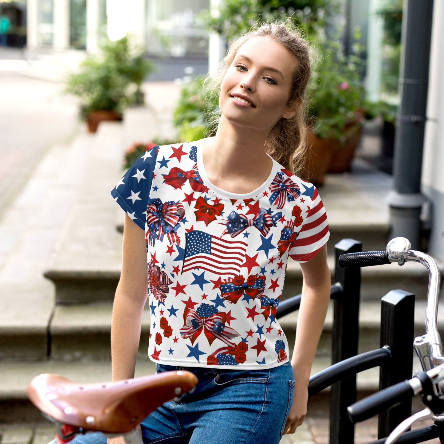 Women's Patriotic Crop Tee with USA Flag, Flowers, and Bows - Printspirationz