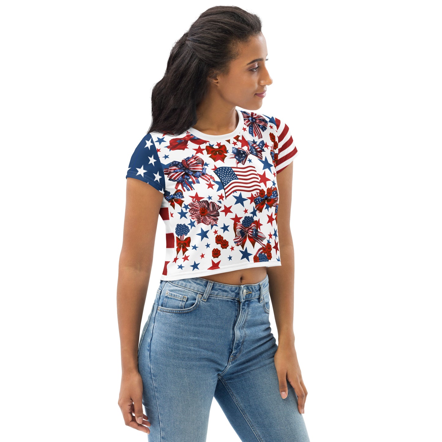 Women's Patriotic Crop Tee with USA Flag, Flowers, and Bows - Printspirationz