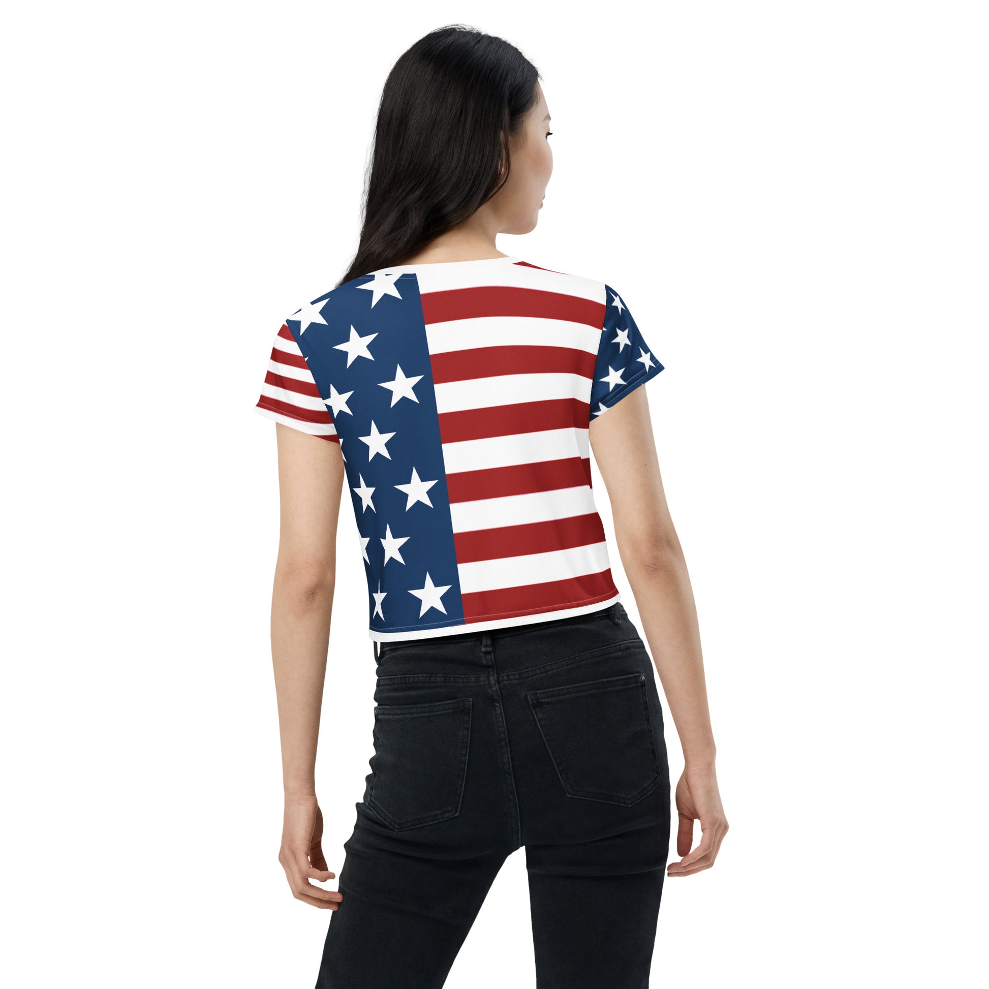 Women's Patriotic Crop Tee with USA Flag, Flowers, and Bows - Printspirationz