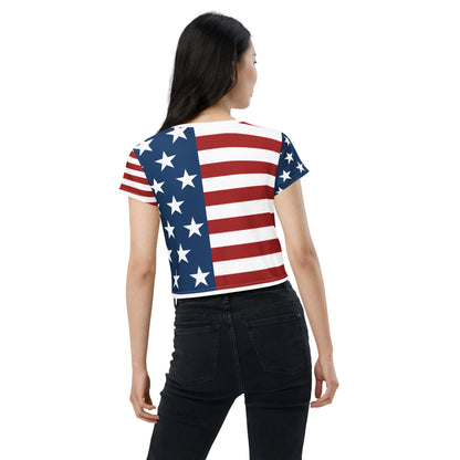Women's Patriotic Crop Tee with USA Flag, Flowers, and Bows - Printspirationz