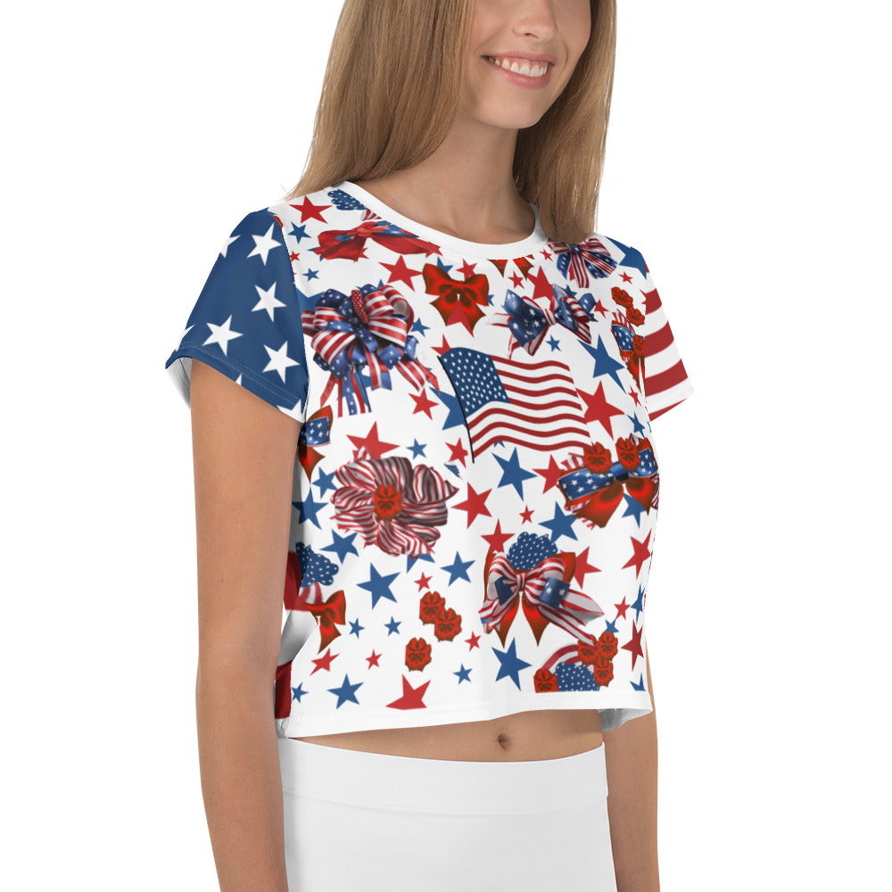 Women's Patriotic Crop Tee with USA Flag, Flowers, and Bows - Printspirationz