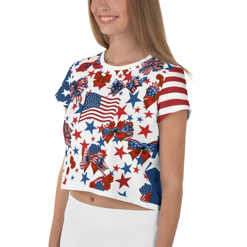Women's Patriotic Crop Tee with USA Flag, Flowers, and Bows - Printspirationz
