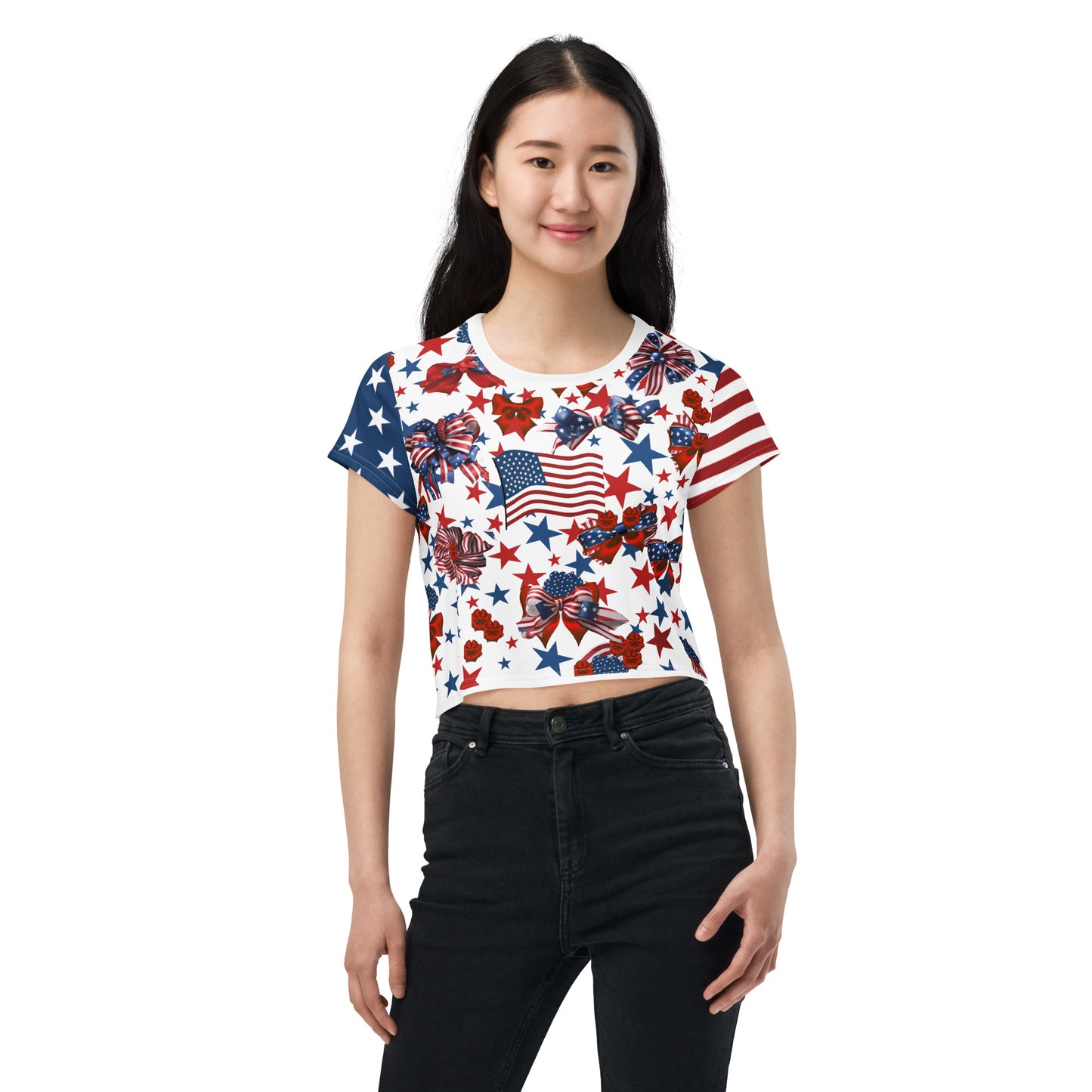 Women's Patriotic Crop Tee with USA Flag, Flowers, and Bows - Printspirationz