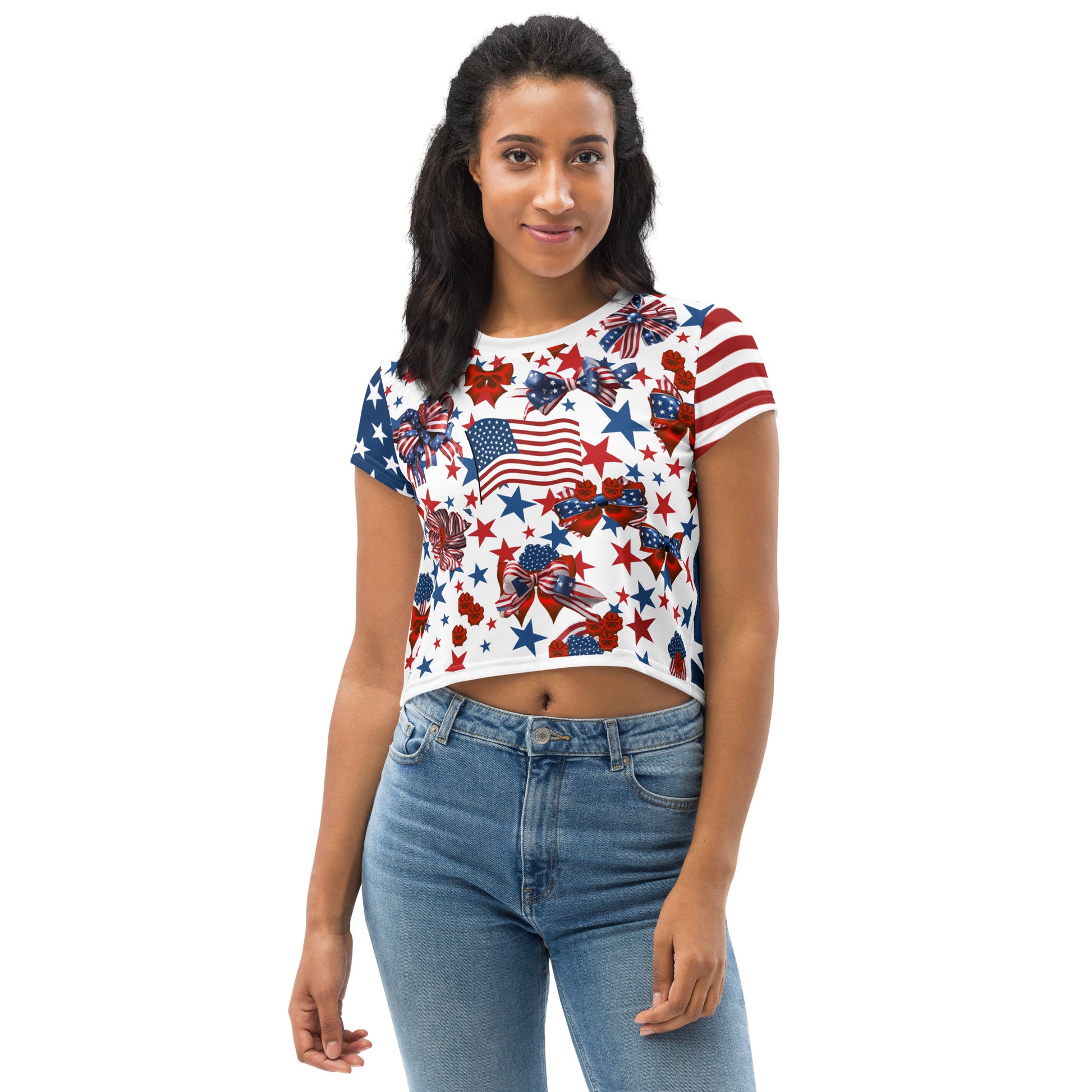 Women's Patriotic Crop Tee with USA Flag, Flowers, and Bows - Printspirationz