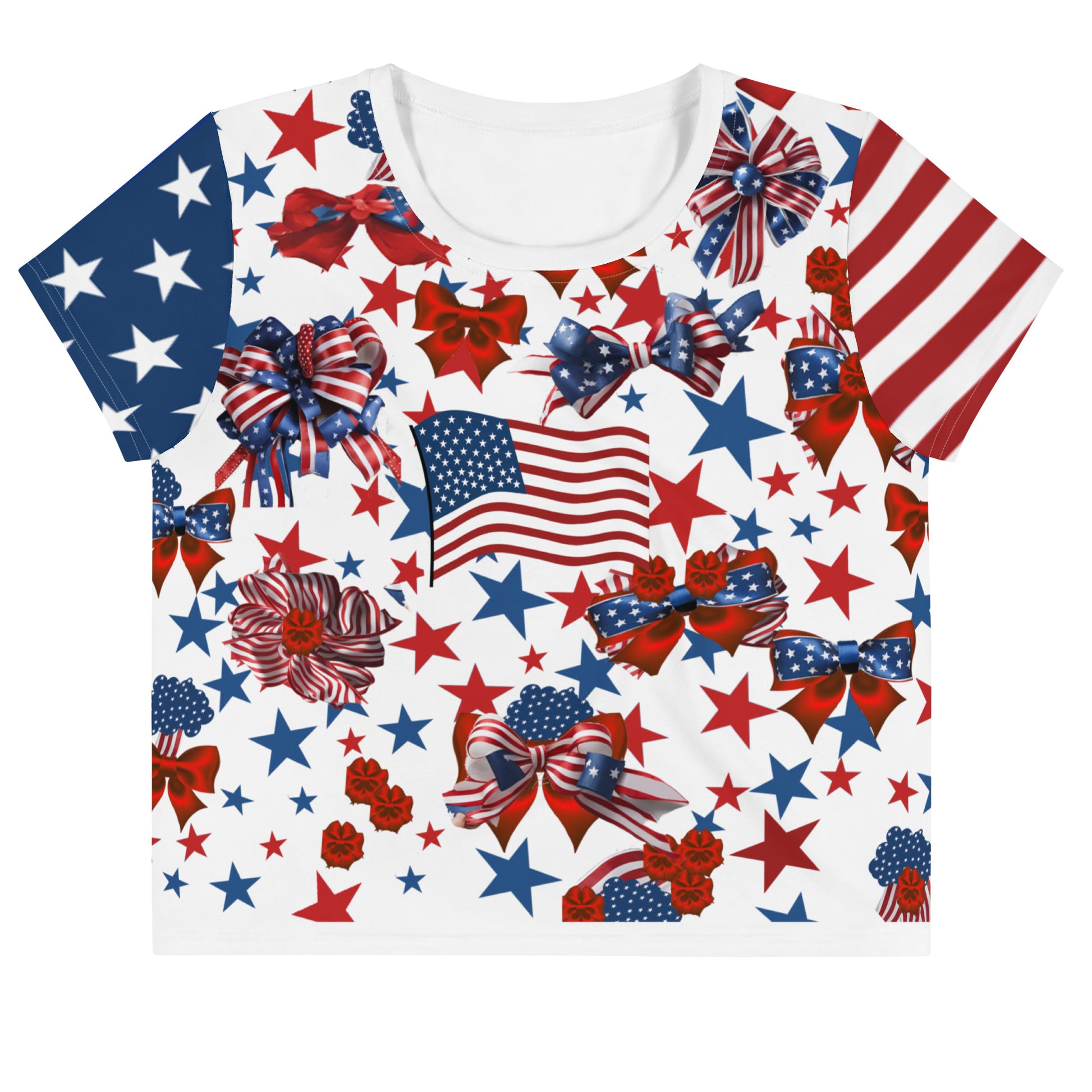 Women's Patriotic Crop Tee with USA Flag, Flowers, and Bows - Printspirationz