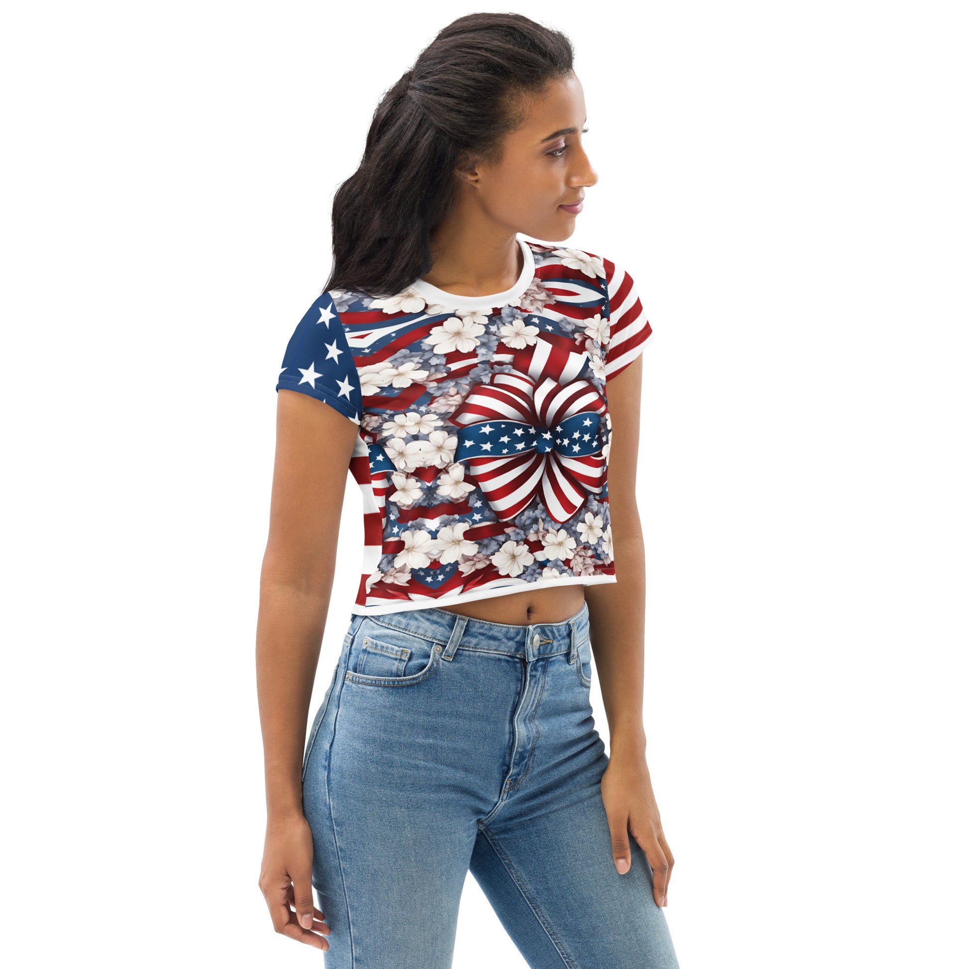 Women's Patriotic Crop Tee with USA Flag, Flowers, and Bows - Printspirationz
