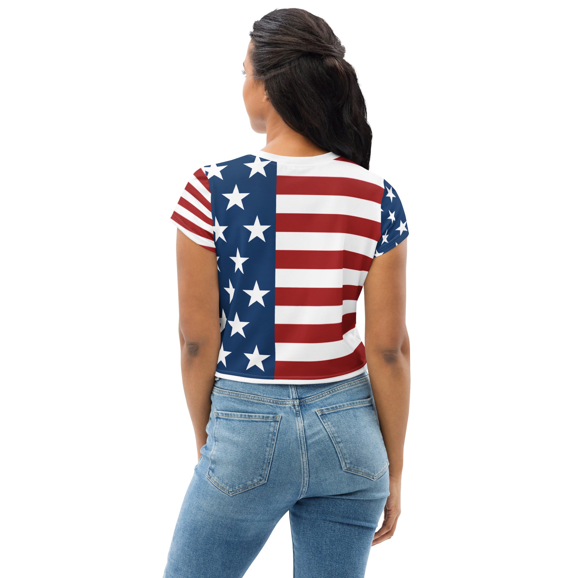 Women's Patriotic Crop Tee with USA Flag, Flowers, and Bows - Printspirationz