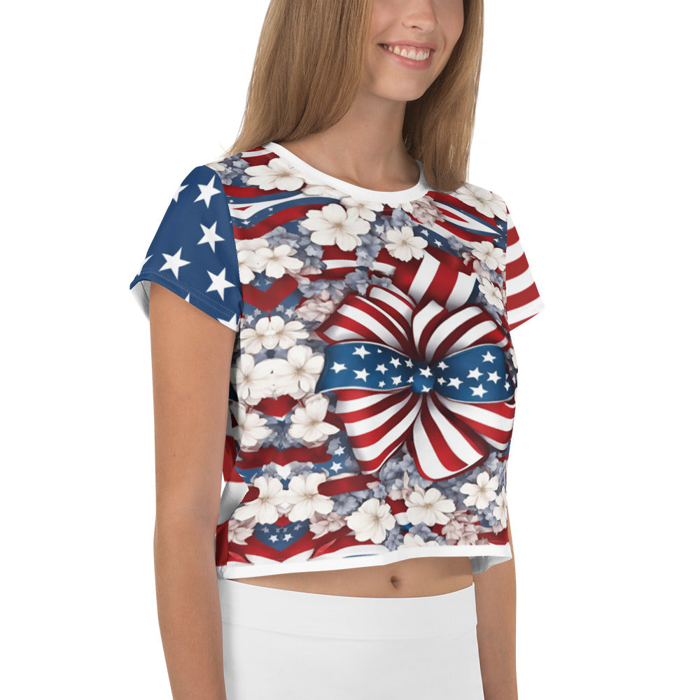 Women's Patriotic Crop Tee with USA Flag, Flowers, and Bows - Printspirationz