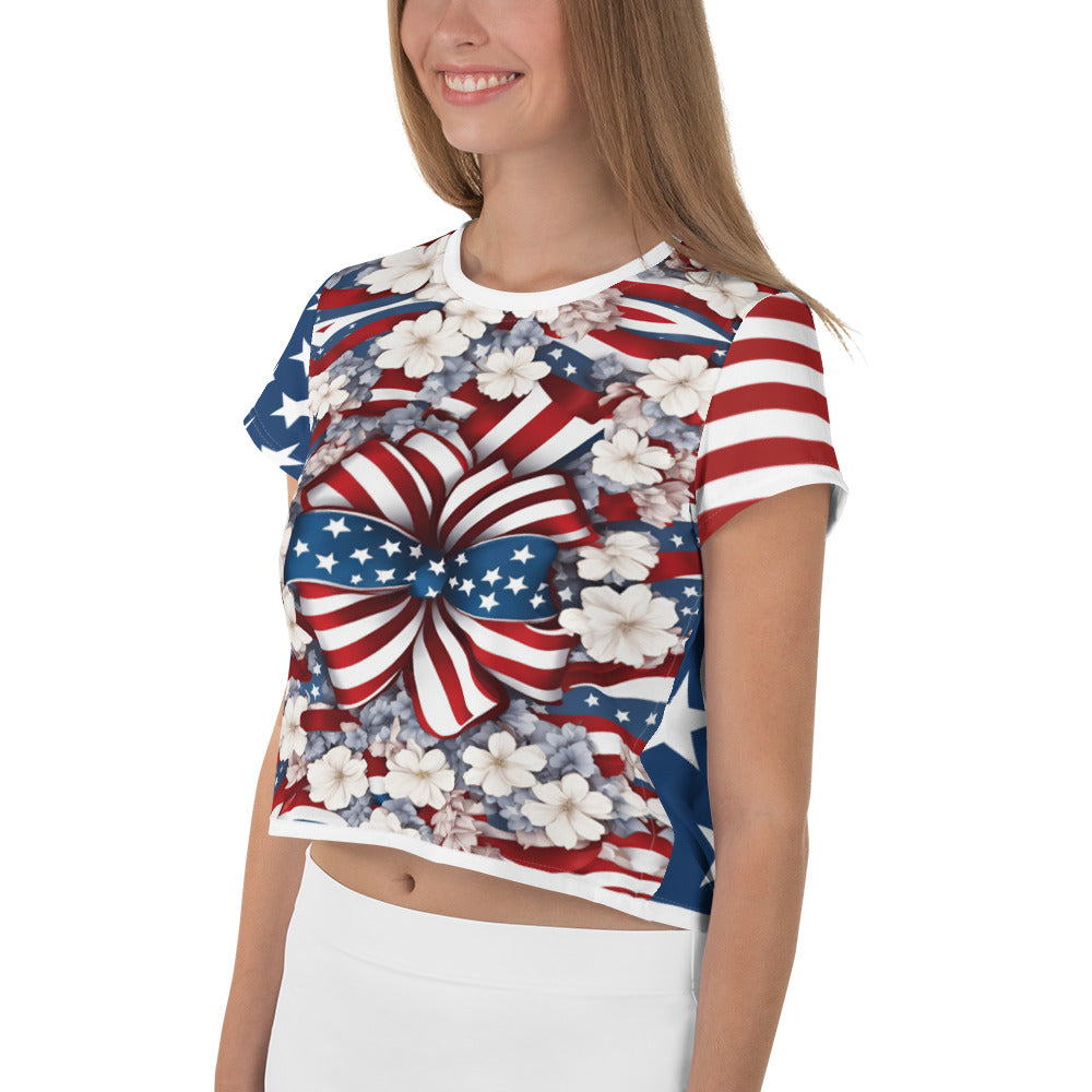 Women's Patriotic Crop Tee with USA Flag, Flowers, and Bows - Printspirationz