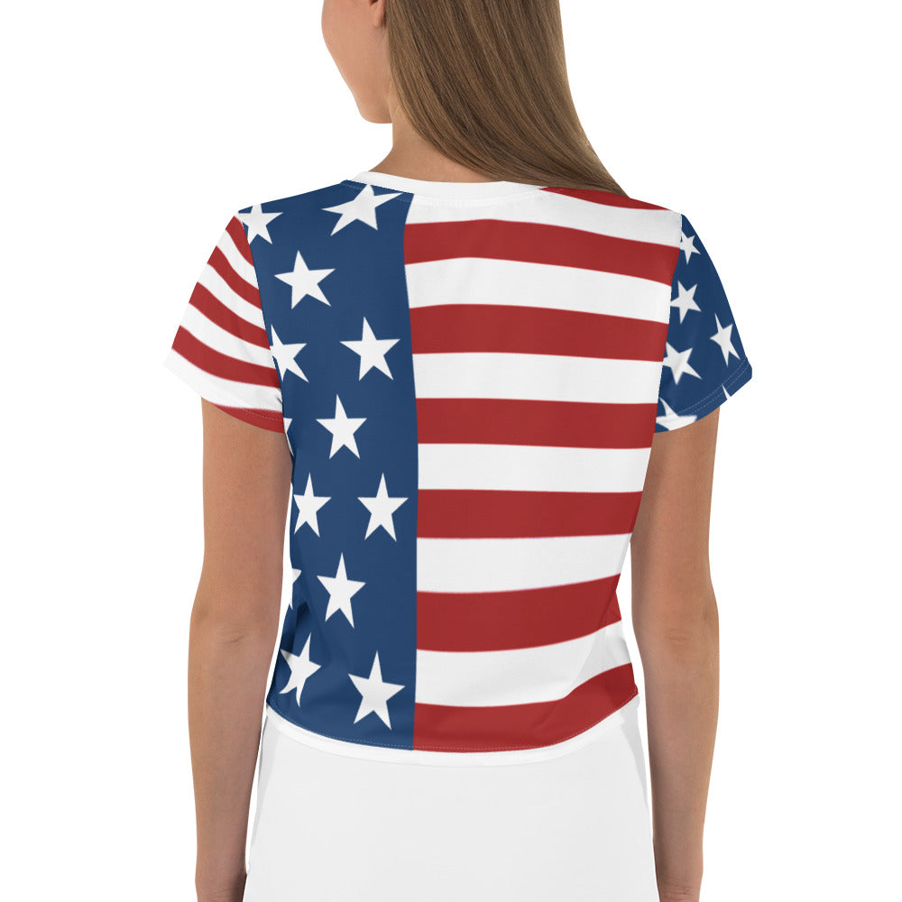 Women's Patriotic Crop Tee with USA Flag, Flowers, and Bows - Printspirationz