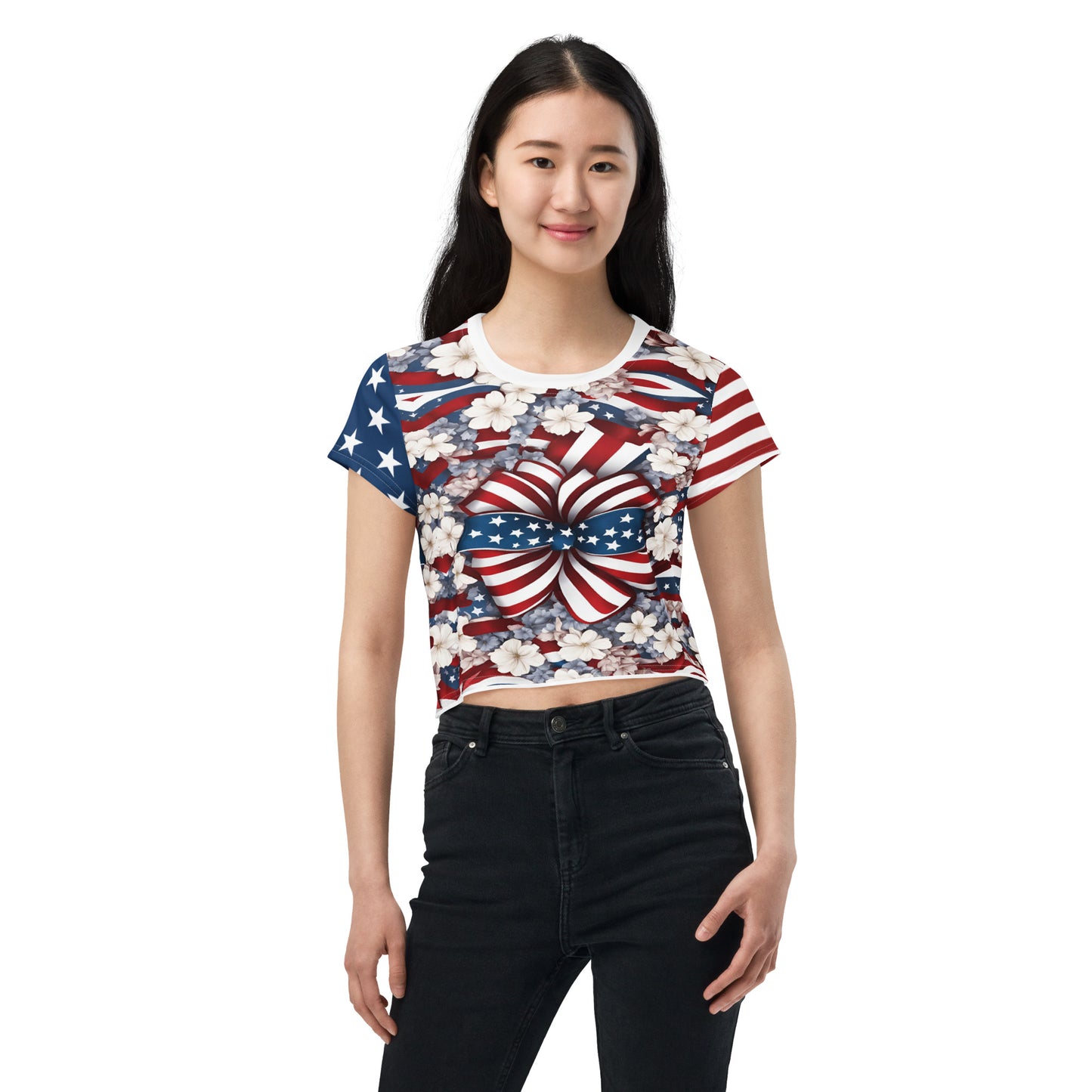 Women's Patriotic Crop Tee with USA Flag, Flowers, and Bows - Printspirationz