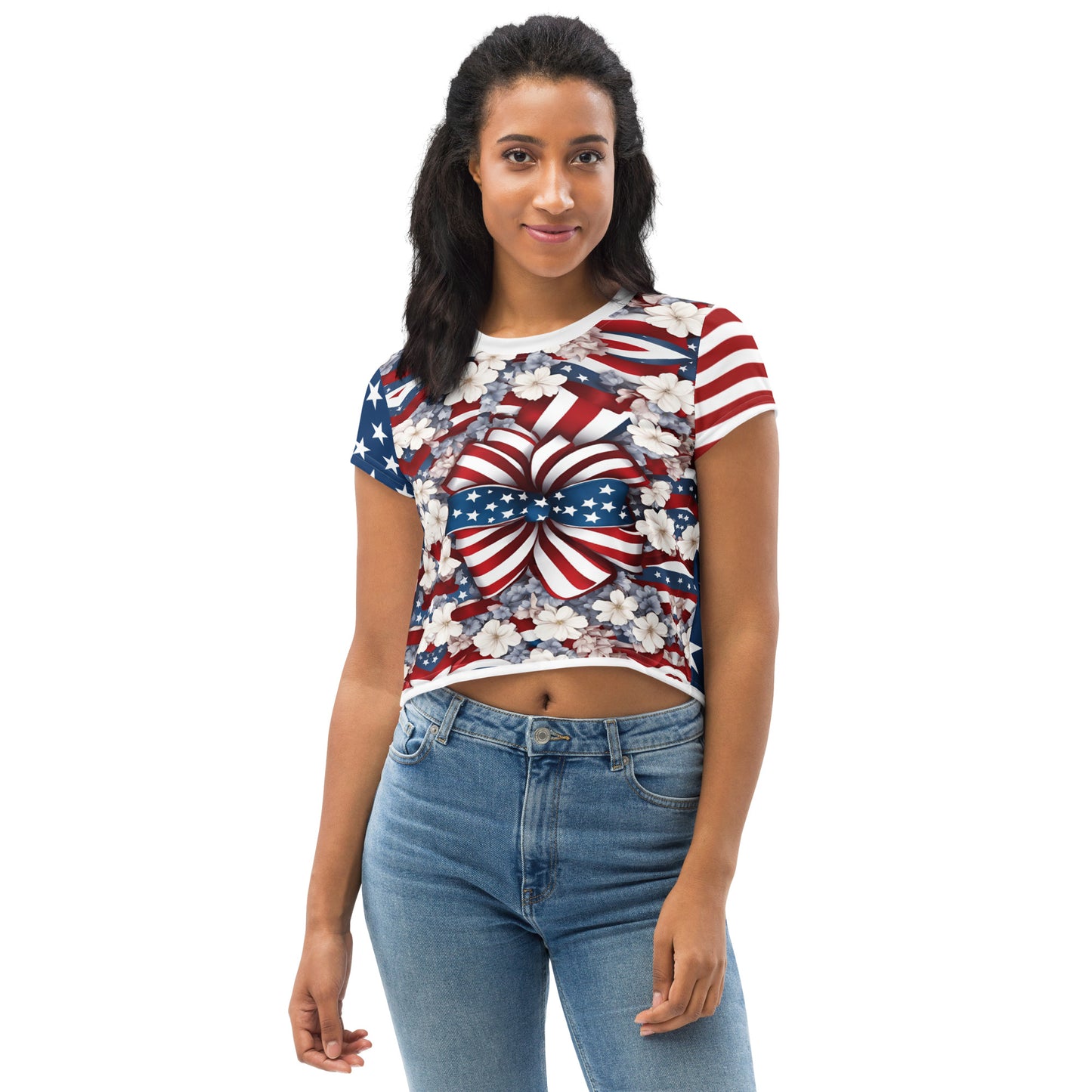 Women's Patriotic Crop Tee with USA Flag, Flowers, and Bows - Printspirationz