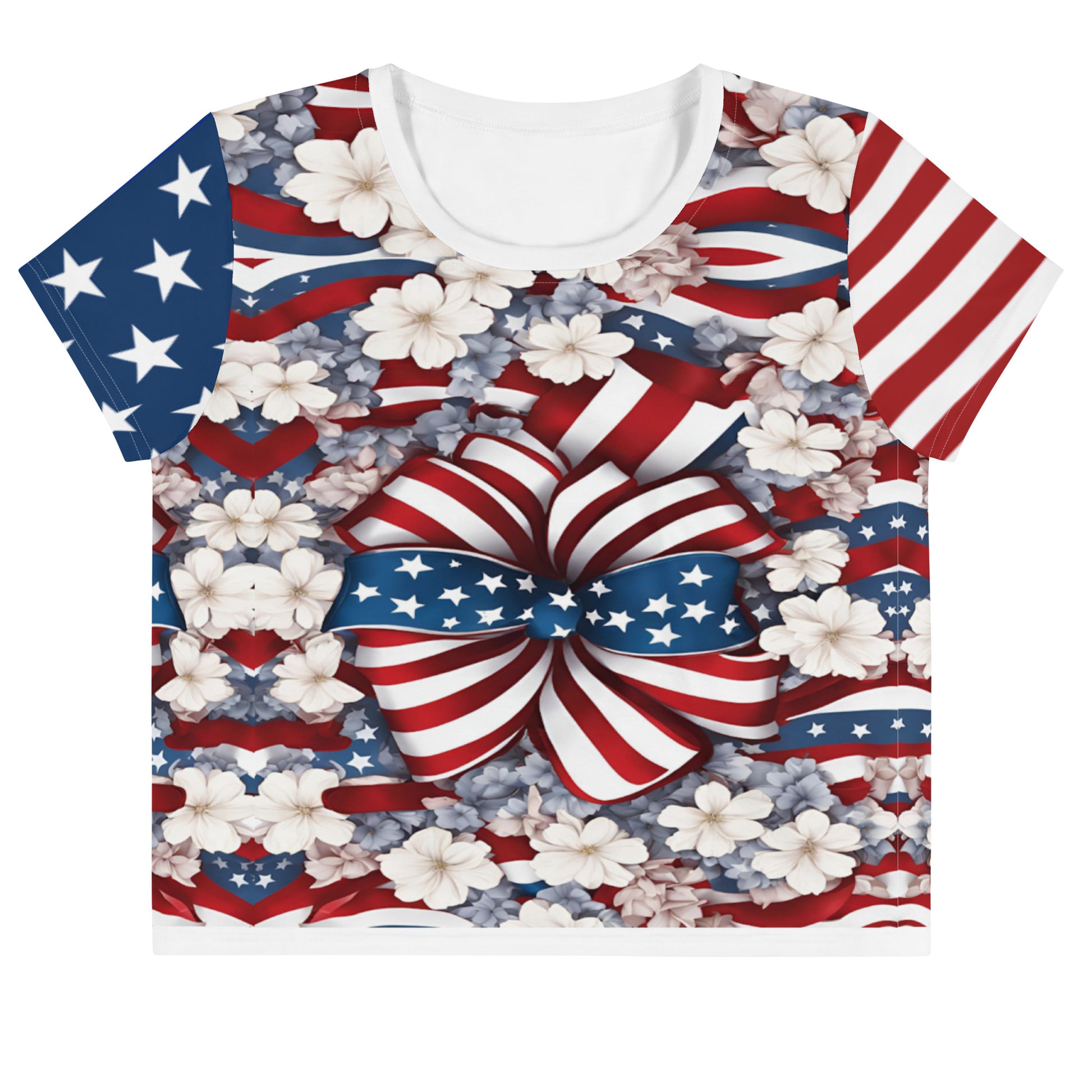 Women's Patriotic Crop Tee with USA Flag, Flowers, and Bows - Printspirationz